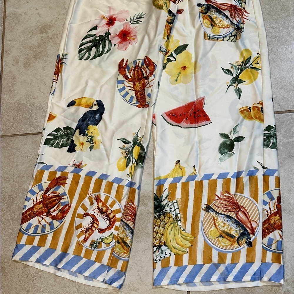 NEW! Bailey 44 Italian Summer Satin Wide Leg Pants S Food Crawfish Lemons - Picture 5 of 8